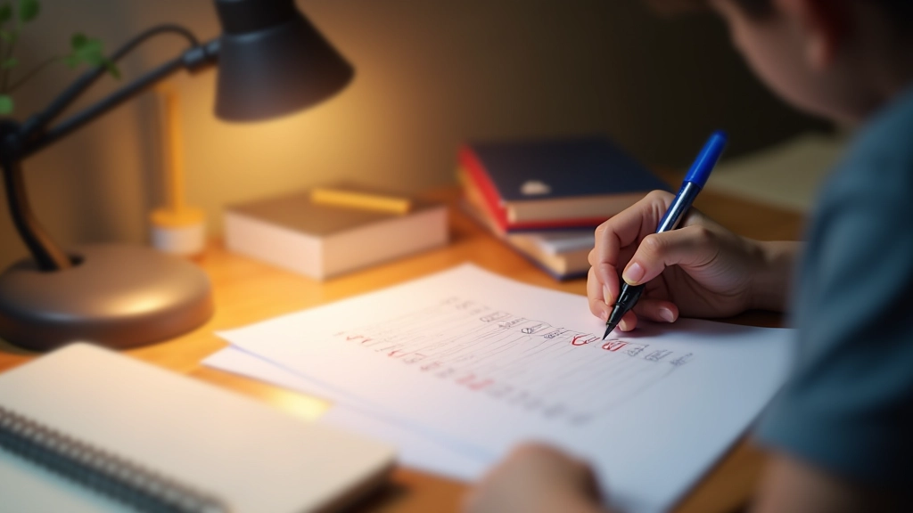 Mano escribiendo en lista de verificación, documentos escolares y calculadora sobre escritorio, luz cálida de escritorio