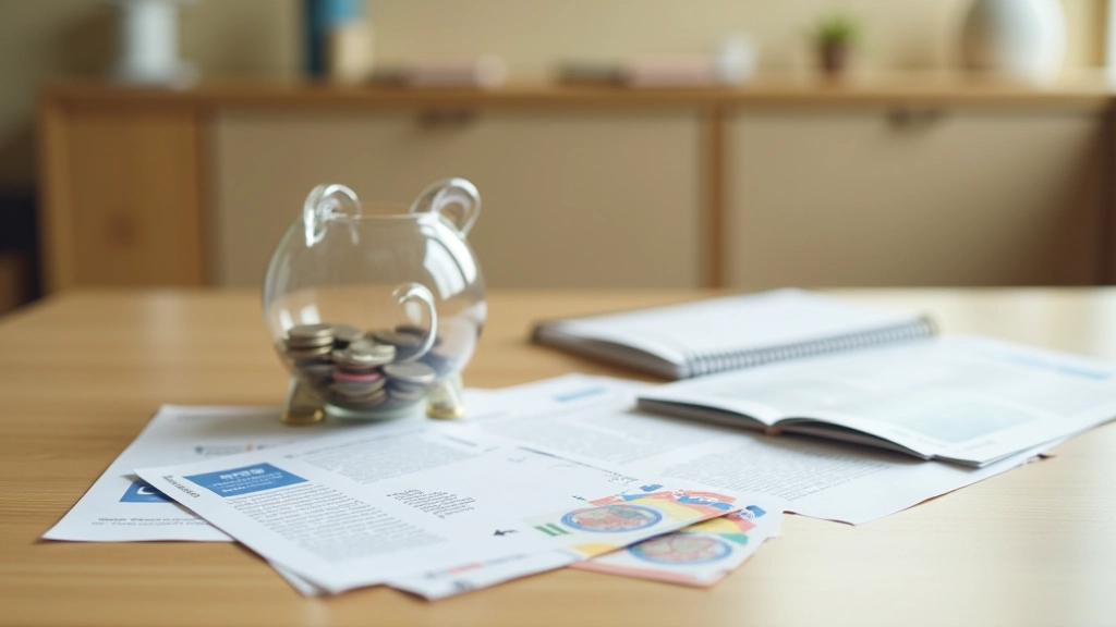 Hucha de ahorros con monedas y documentos de becas