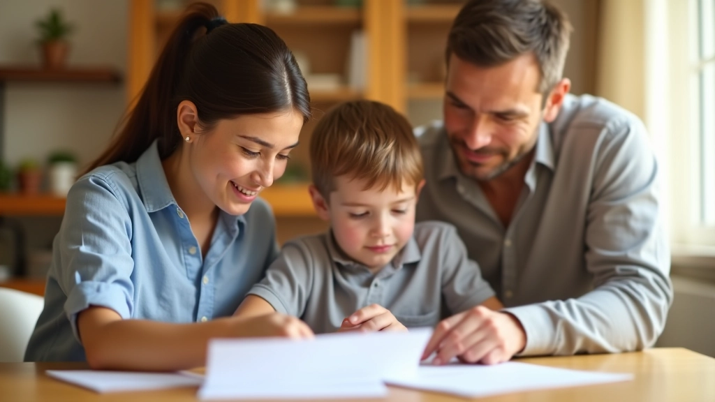 Familia revisando presupuesto escolar con gráficos y documentos sobre mesa de madera en casa