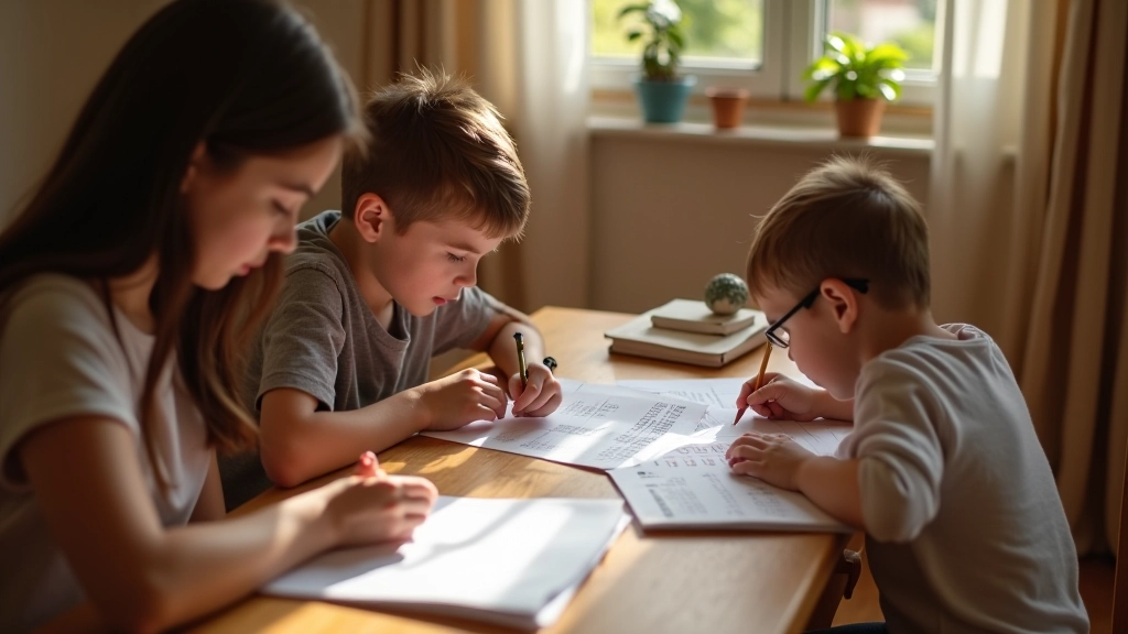 Familia revisando presupuesto educativo con documentos y calculadora