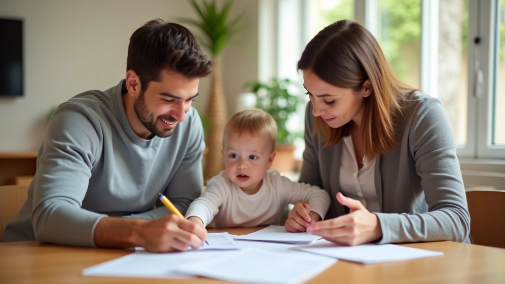 Familia joven revisando documentos financieros en la mesa de la sala de estar, bebé durmiendo cerca, luz natural suave
