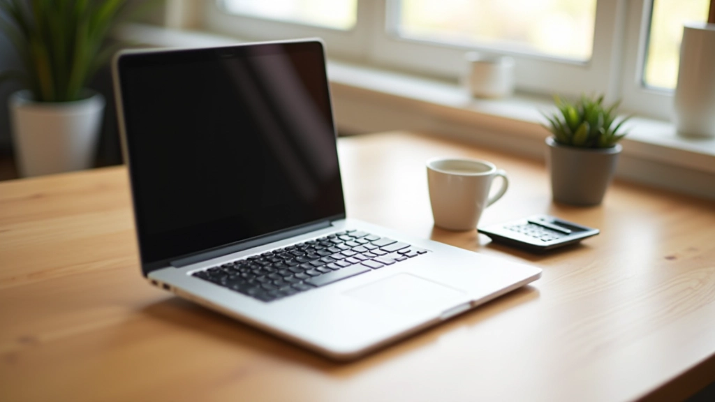 Portátil abierto mostrando aplicación bancaria, taza de café y calculadora en escritorio limpio, luz natural desde ventana