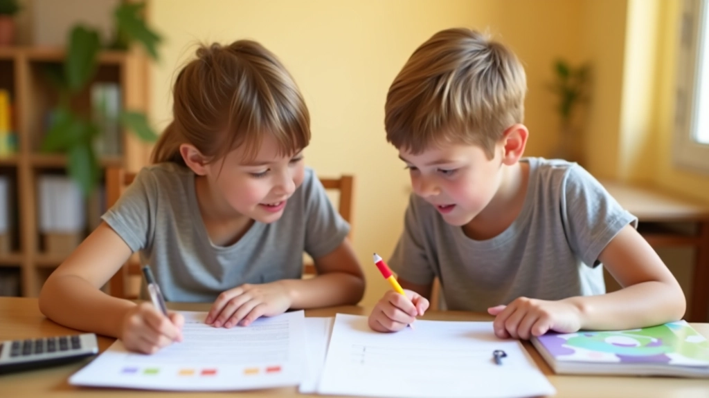 Madre e hijo revisando documentos escolares en una mesa con calculadora y libros