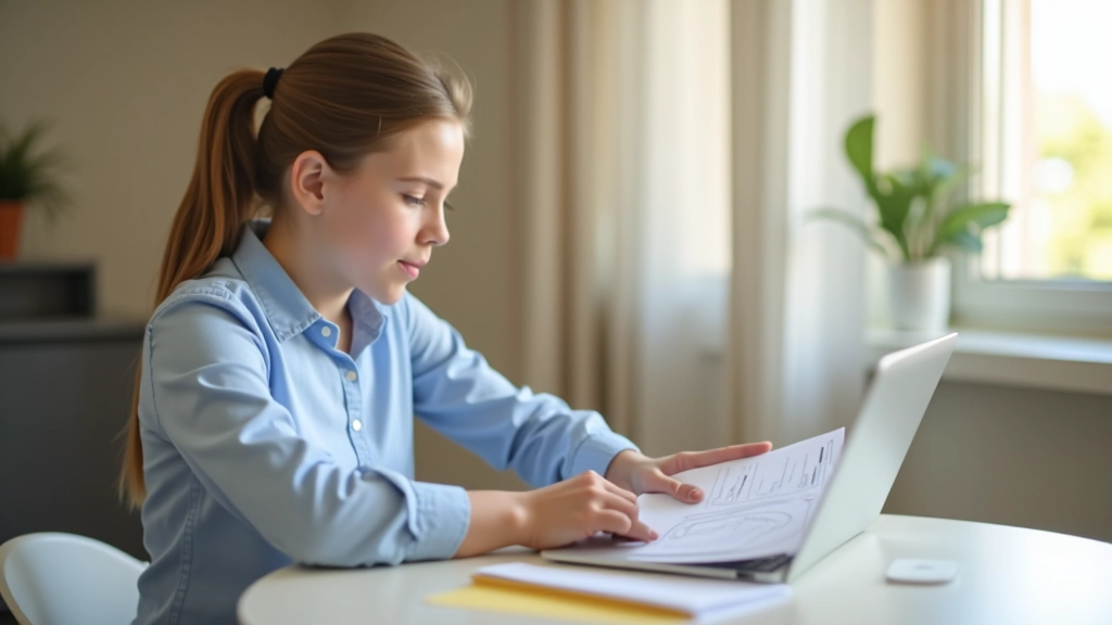Persona joven revisando documentos en pantalla de laptop, portátil sobre escritorio en ambiente de estudio