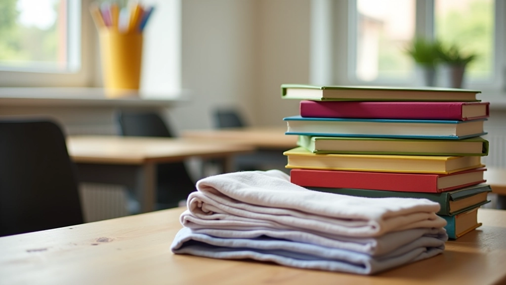 Libros escolares y uniforme escolar organizados sobre escritorio