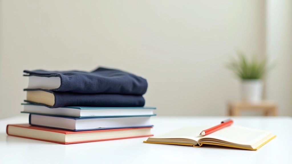 Libros de texto escolares, uniforme y material educativo organizados sobre una mesa