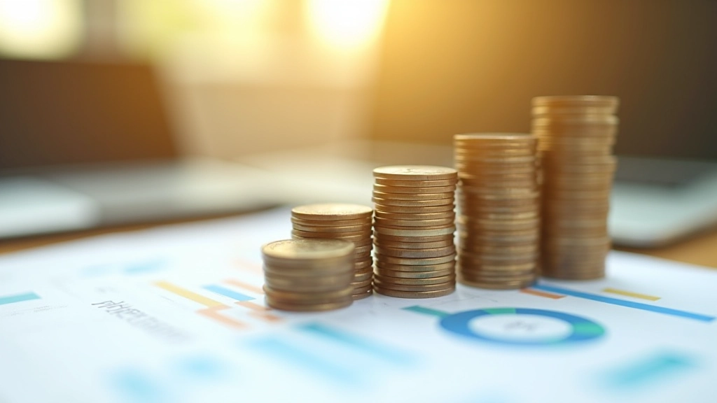 Gráfico de crecimiento financiero impreso en papel, monedas apiladas mostrando progresión, fondo de escritorio de oficina