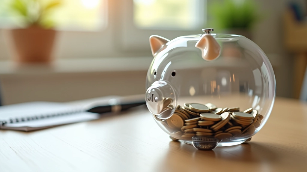 Hucha transparente llena de monedas con documentos escolares y calendario anual