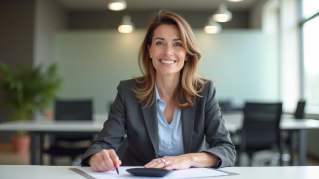 María Rodríguez en su oficina de Ahorro Escolar, rodeada de documentos sobre planificación educativa y análisis de costes escolares